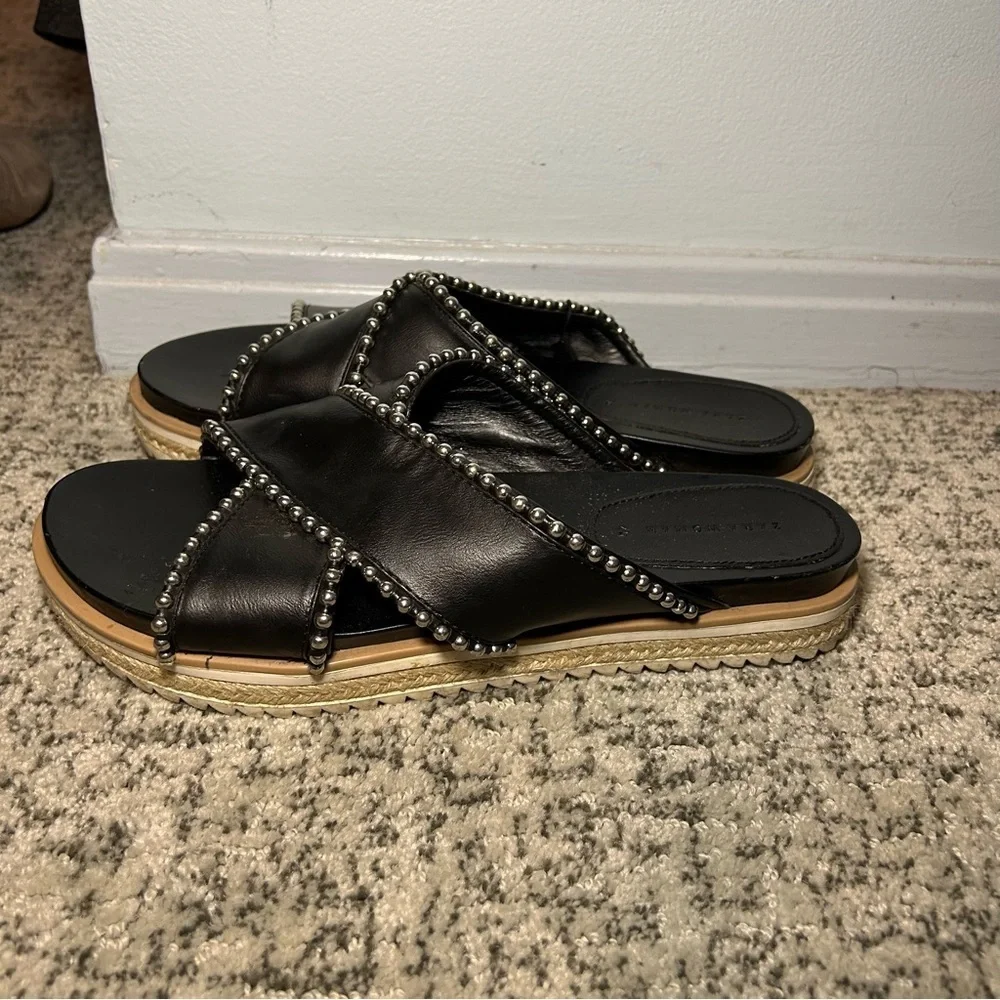 Zara Trafaluc Black & Silver Beaded Criss-Cross Chunky Platform Sandals Size 9